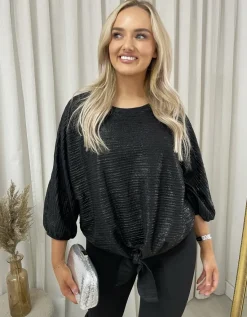 Black Christy Metallic Tie Front Top<IKRUSH Discount