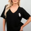 Black Della Short Sleeve V-Neck Oversized Rhinestone Heart Detail Top<IKRUSH Hot