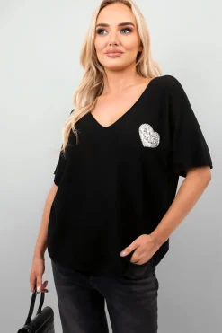 Black Della Short Sleeve V-Neck Oversized Rhinestone Heart Detail Top<IKRUSH Hot
