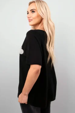 Black Della Short Sleeve V-Neck Oversized Rhinestone Heart Detail Top<IKRUSH Hot