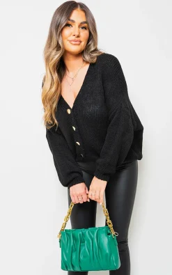 Black Diana V-Neck Button Down Knitted Cardigan<IKRUSH Fashion