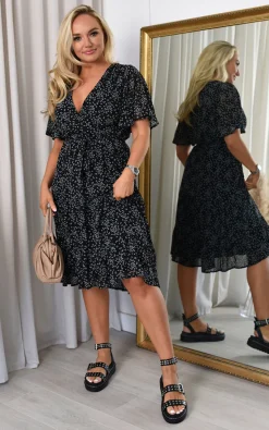 Black Elena Wrap Front Midi Dress with Belt Detail<IKRUSH Outlet