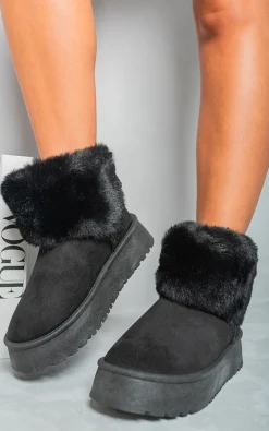 Black Elsa Fuzzy Cuff Slip On Snow Boots<IKRUSH Best