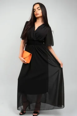 Black Elsie Smocked Waist V Neck Short Sleeve Flowy Maxi Dress<IKRUSH Fashion