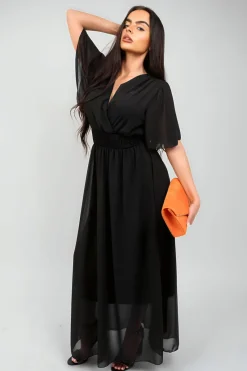 Black Elsie Smocked Waist V Neck Short Sleeve Flowy Maxi Dress<IKRUSH Fashion