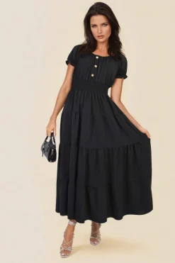Black Emmy Smocked Waist Tiered Midi Dress<IKRUSH New