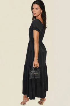 Black Emmy Smocked Waist Tiered Midi Dress<IKRUSH New