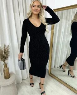 Black Evelyn Printed V-Neck Long Sleeve Glitter Midi Dress<IKRUSH Outlet