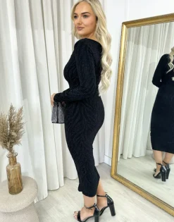 Black Evelyn Printed V-Neck Long Sleeve Glitter Midi Dress<IKRUSH Outlet