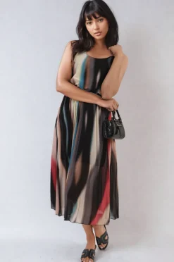 Black Ezra Multi Colored Print Pleated Strappy Midi Dress<IKRUSH Online