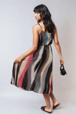Black Ezra Multi Colored Print Pleated Strappy Midi Dress<IKRUSH Online