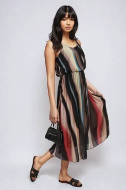 Black Ezra Multi Colored Print Pleated Strappy Midi Dress<IKRUSH Online