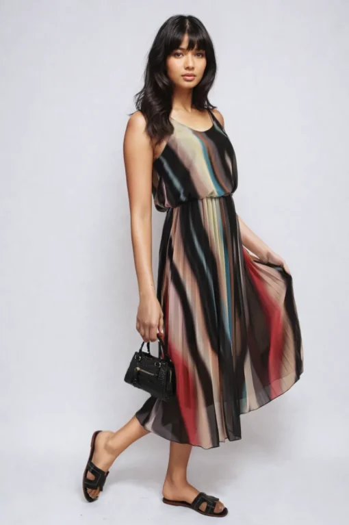 Black Ezra Multi Colored Print Pleated Strappy Midi Dress<IKRUSH Online