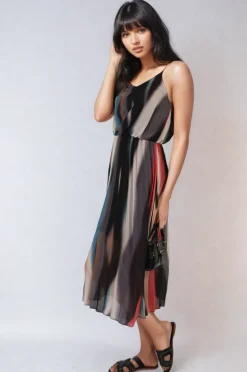 Black Ezra Multi Colored Print Pleated Strappy Midi Dress<IKRUSH Online