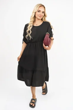 Black Fianna Round Neck Short Sleeve Midi Dress with Tie Sleeve Detail<IKRUSH New
