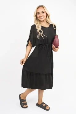 Black Fianna Round Neck Short Sleeve Midi Dress with Tie Sleeve Detail<IKRUSH New