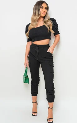 Black Francesca Pocket Side Drawstring Waist Cargo Trouser<IKRUSH Discount