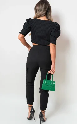 Black Francesca Pocket Side Drawstring Waist Cargo Trouser<IKRUSH Discount