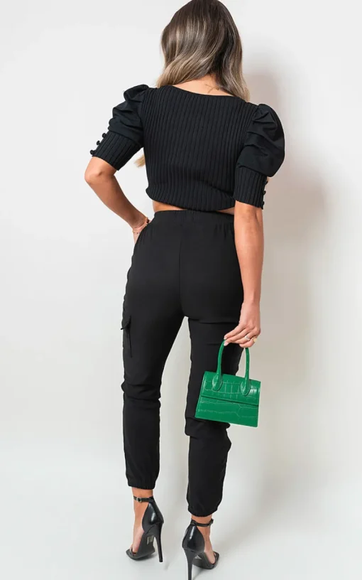 Black Francesca Pocket Side Drawstring Waist Cargo Trouser<IKRUSH Discount