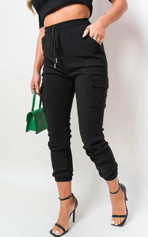 Black Francesca Pocket Side Drawstring Waist Cargo Trouser<IKRUSH Discount