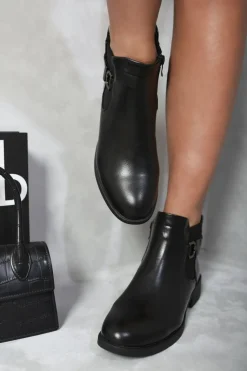 Black Helena Low Block Heel Buckle Ankle Boots<IKRUSH Clearance