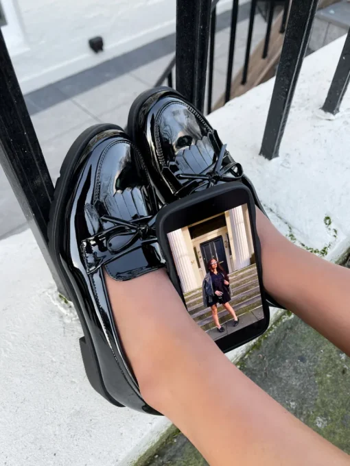 Black Janelle Bow Detail Flatform Slip On Loafer Shoes<IKRUSH Online