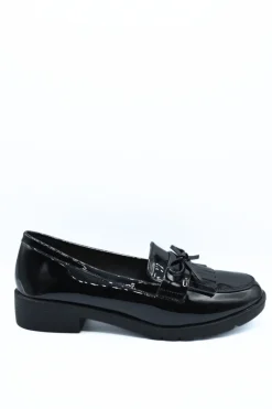 Black Janelle Bow Detail Flatform Slip On Loafer Shoes<IKRUSH Online