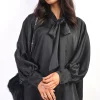 Black Jayda Oversized Silky Satin Long Sleeve Bow Tie Neck Top<IKRUSH Sale