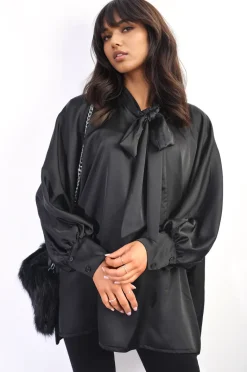 Black Jayda Oversized Silky Satin Long Sleeve Bow Tie Neck Top<IKRUSH Sale