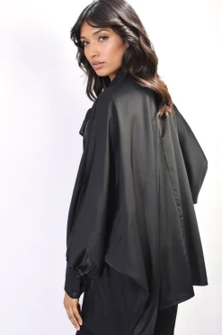 Black Jayda Oversized Silky Satin Long Sleeve Bow Tie Neck Top<IKRUSH Sale