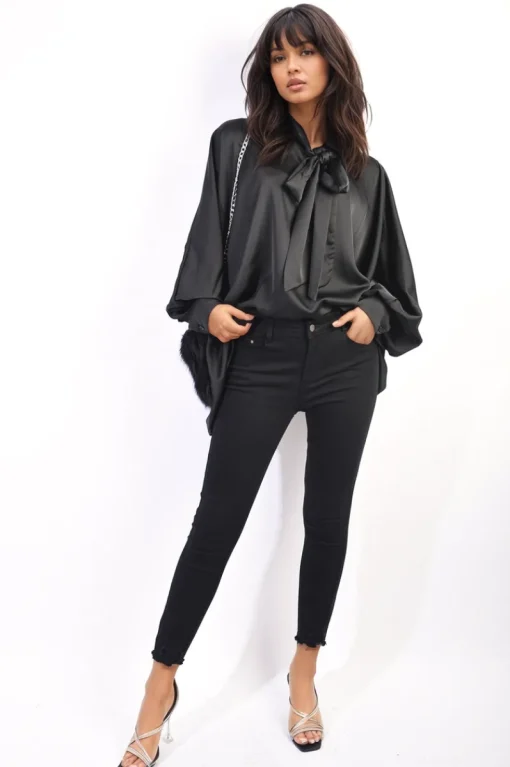 Black Jayda Oversized Silky Satin Long Sleeve Bow Tie Neck Top<IKRUSH Sale