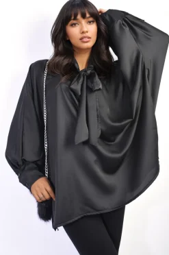 Black Jayda Oversized Silky Satin Long Sleeve Bow Tie Neck Top<IKRUSH Sale