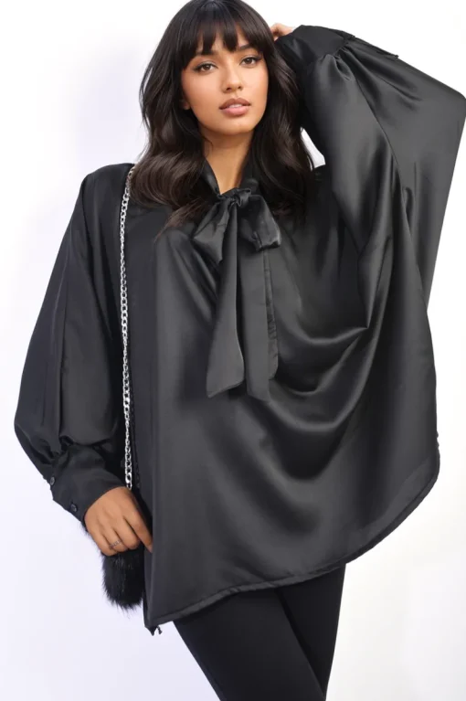 Black Jayda Oversized Silky Satin Long Sleeve Bow Tie Neck Top<IKRUSH Sale