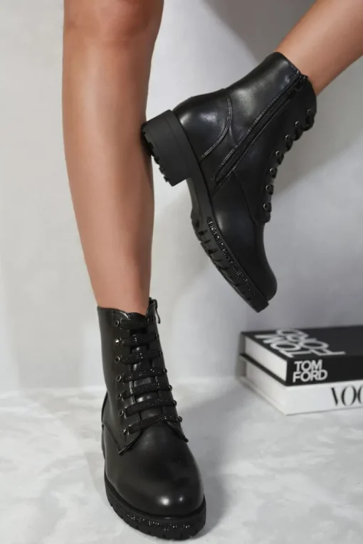 Black Jemma Lace Up Glitter Ankle Boots<IKRUSH New