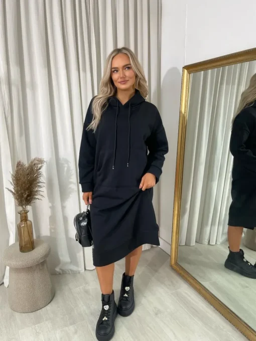 Black Jenna Kangaroo Pocket Long Loose Hoodie<IKRUSH Online