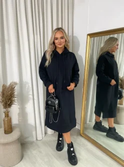 Black Jenna Kangaroo Pocket Long Loose Hoodie<IKRUSH Online