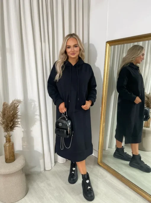 Black Jenna Kangaroo Pocket Long Loose Hoodie<IKRUSH Online