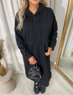 Black Jenna Kangaroo Pocket Long Loose Hoodie<IKRUSH Online