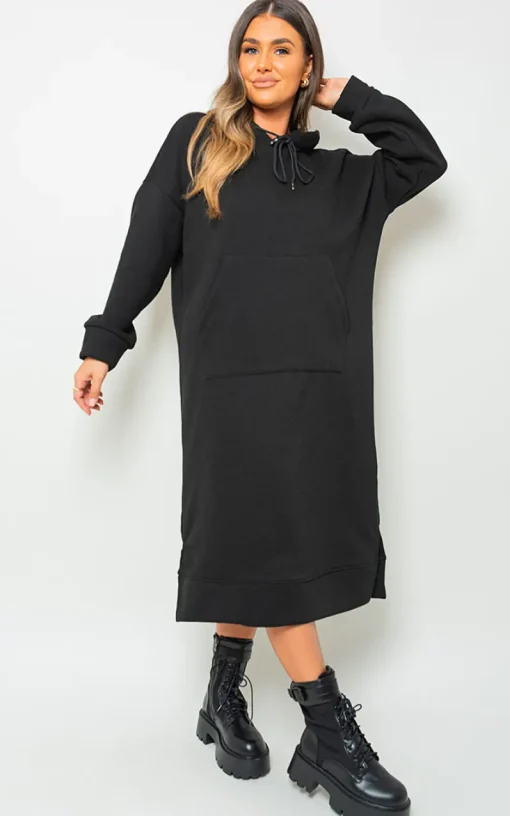 Black Jenna Kangaroo Pocket Long Loose Hoodie<IKRUSH Online