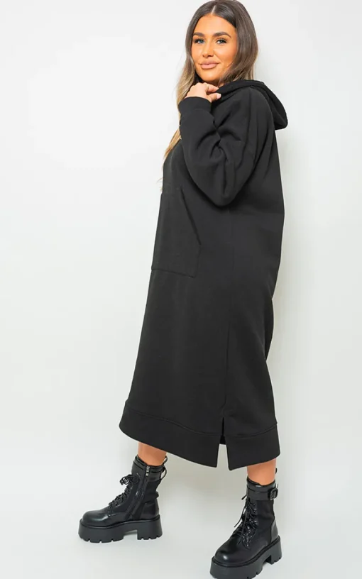 Black Jenna Kangaroo Pocket Long Loose Hoodie<IKRUSH Online
