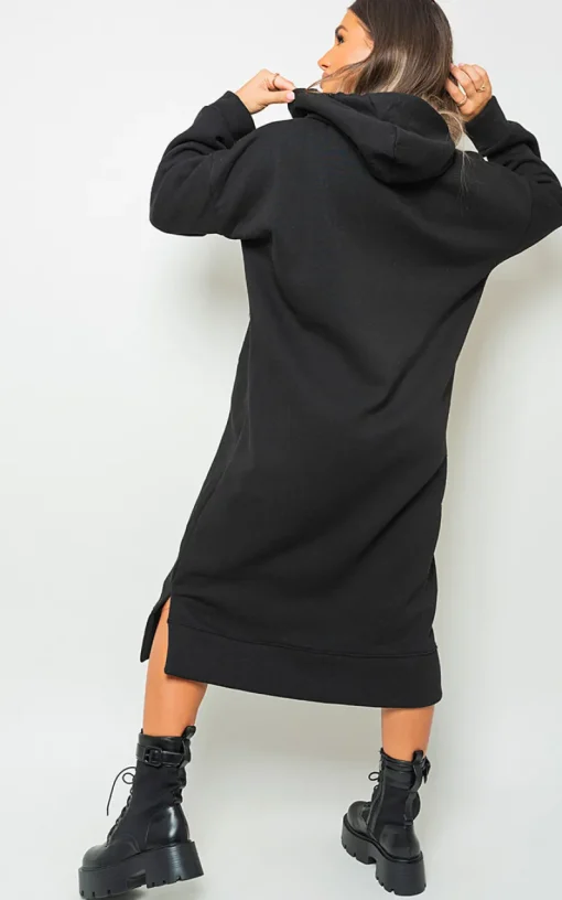 Black Jenna Kangaroo Pocket Long Loose Hoodie<IKRUSH Online