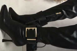 Black Julianna Buckle Heeled Knee High Boots<IKRUSH Hot