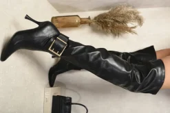 Black Julianna Buckle Heeled Knee High Boots<IKRUSH Hot