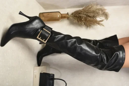 Black Julianna Buckle Heeled Knee High Boots<IKRUSH Hot