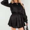 Black Laylani Satin Long Sleeve Ruffle Belted Mini Dress<IKRUSH Online