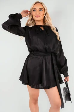 Black Laylani Satin Long Sleeve Ruffle Belted Mini Dress<IKRUSH Online