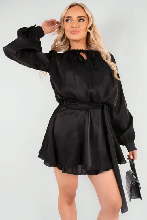 Black Laylani Satin Long Sleeve Ruffle Belted Mini Dress<IKRUSH Online