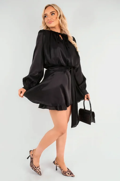 Black Laylani Satin Long Sleeve Ruffle Belted Mini Dress<IKRUSH Online