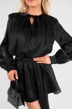 Black Laylani Satin Long Sleeve Ruffle Belted Mini Dress<IKRUSH Online