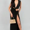 Black Lea Twist Detail Plunge Split Leg Cut Out Maxi Dress<IKRUSH New